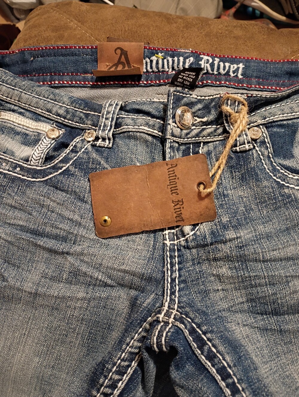 Antique Rivet Distressed Blue Denim Jeans with Leather Hang Tag